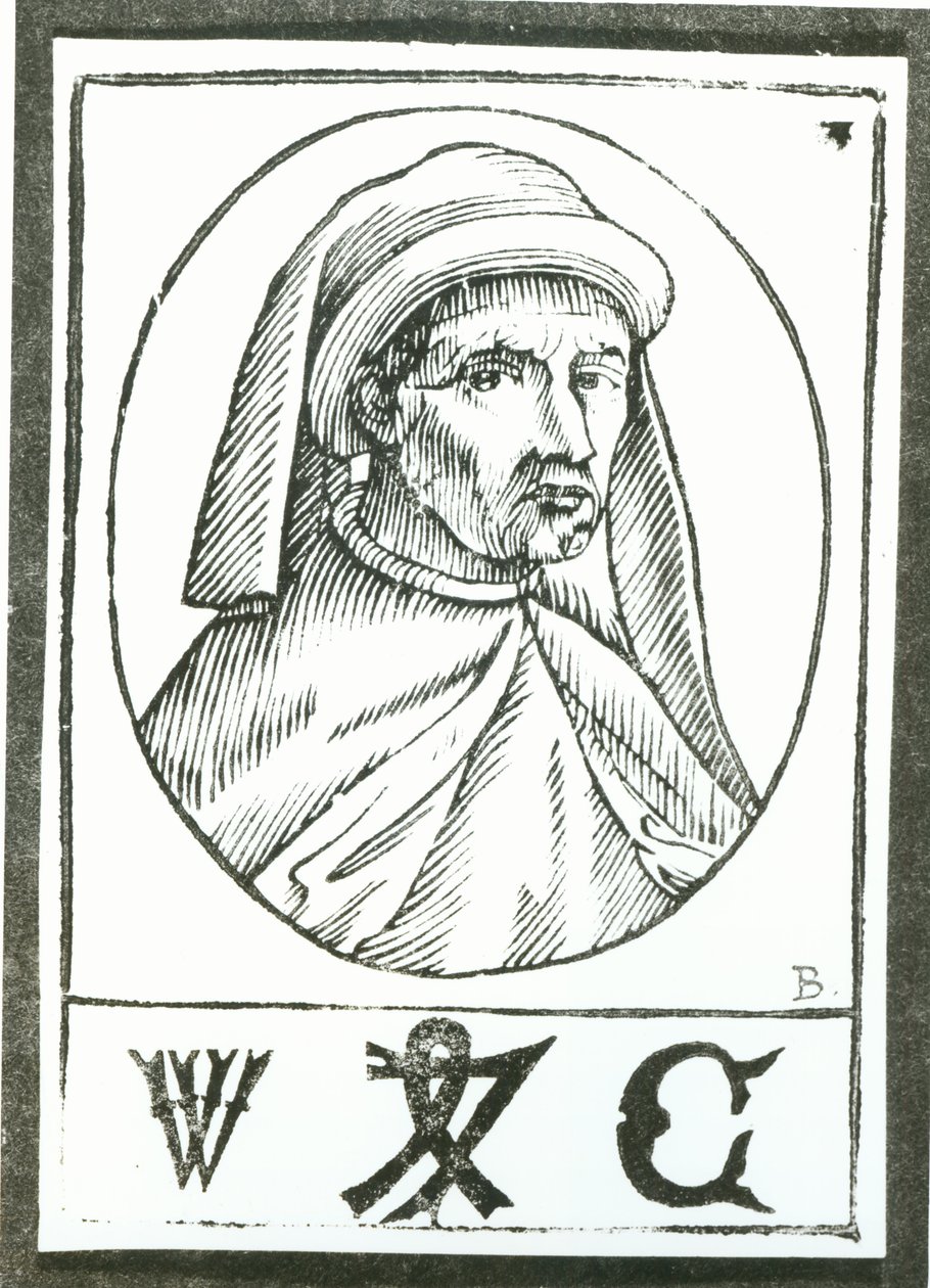 Porträt von William Caxton (ca. 1422-91) und sein Druckerzeichen von English School