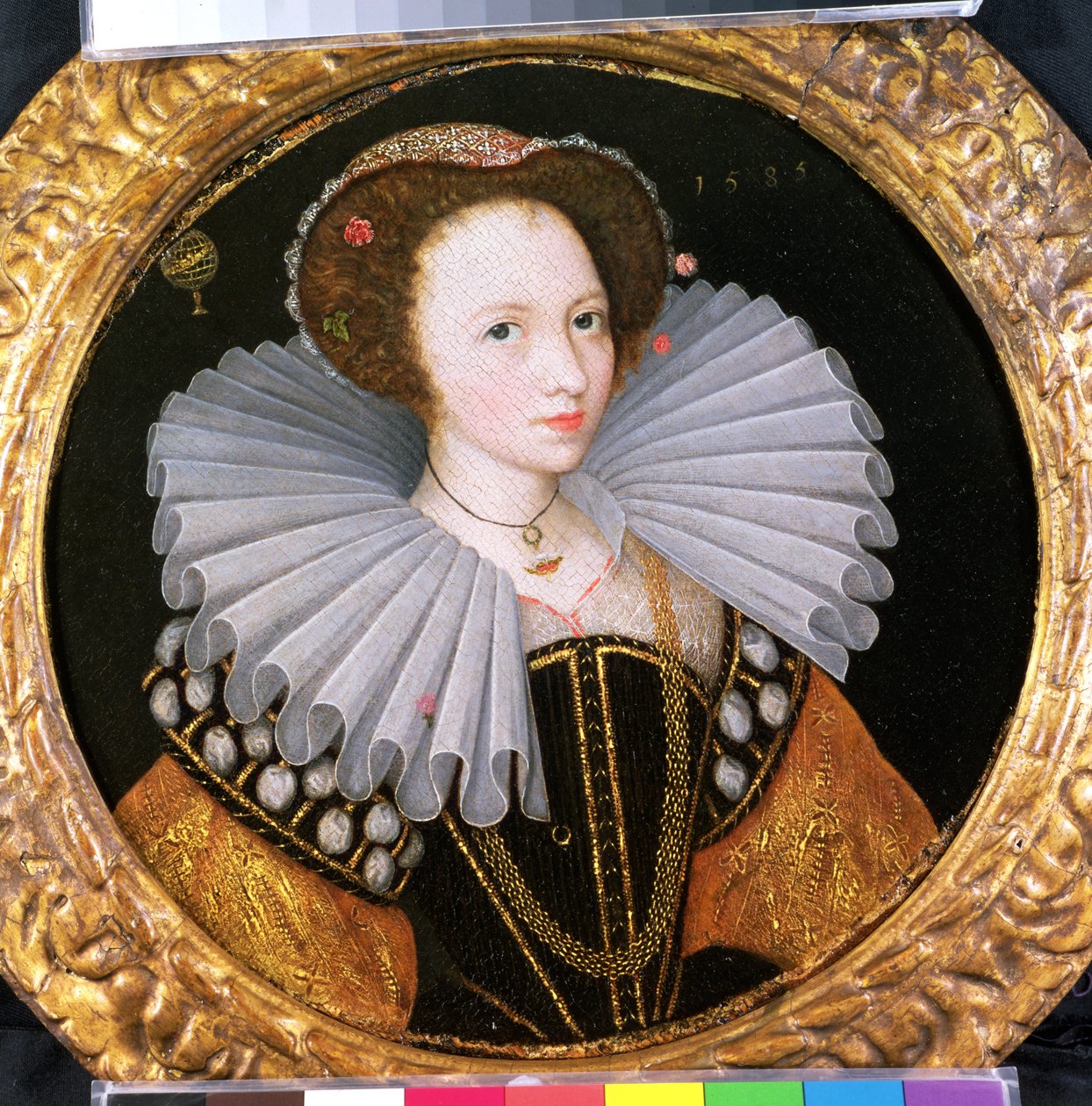 Porträt einer Dame mit großem Kragen, eine Armillarsphäre im Hintergrund von English School