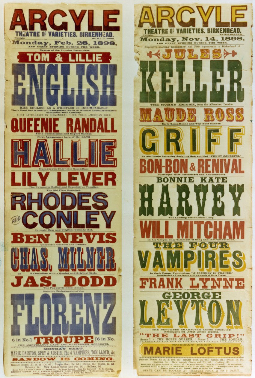 Plakate für das Argyle Theatre of Varieties, Birkenhead, 1898 von English School