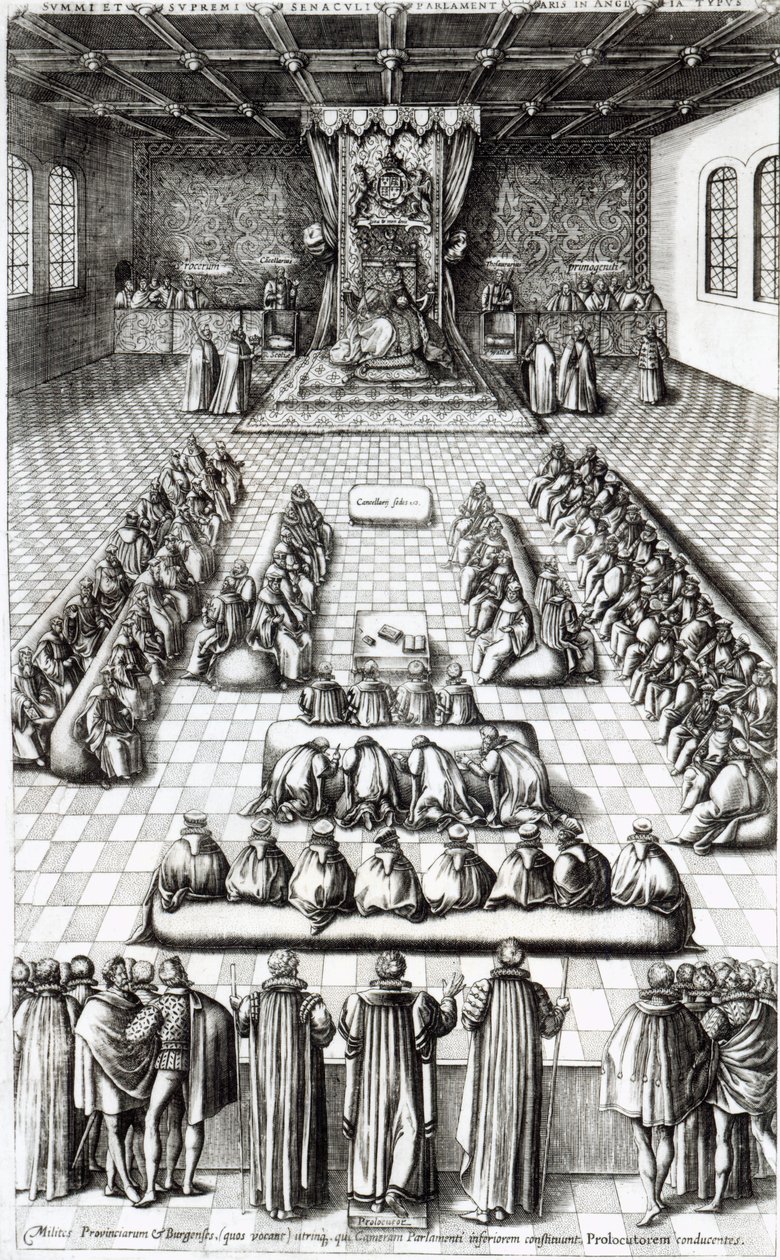 Königin Elisabeth I. (1533-1603) im Parlament von English School