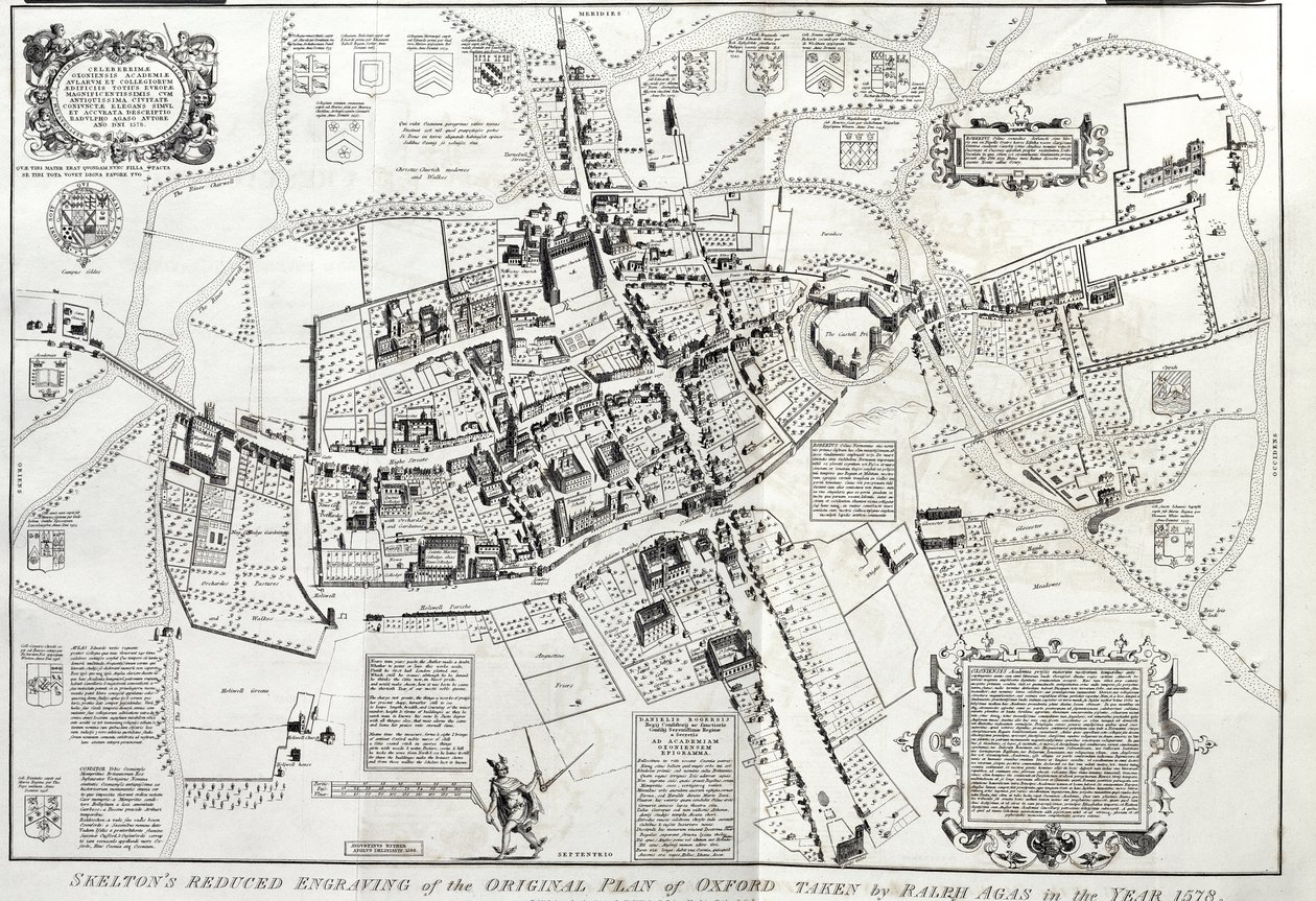 RSOS168, Frontispiz zu Oxonia antiqua restaurata, eine Vogelperspektive von Oxford, reduzierte Version des Originals von Ralph oder Radulph Agas (ca.1540-1621) von 1578, von Joseph Skelton, Oxford, graviert von W von English School