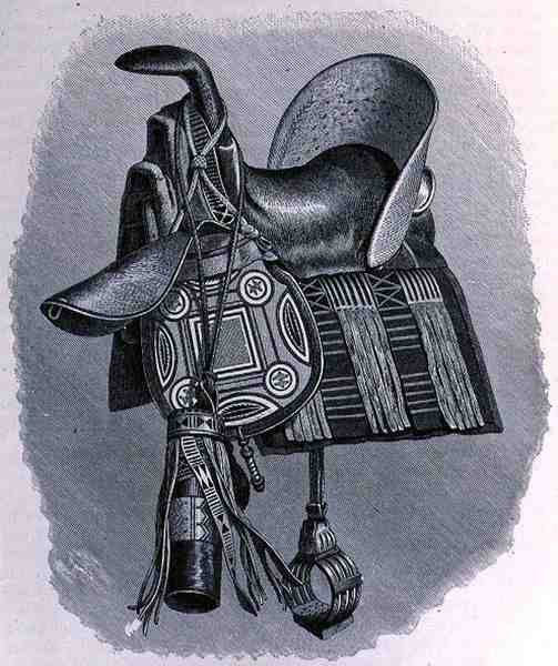 Sattel, Satteltaschen und Speerkasten eines Baghirmi-Häuptlings, aus Die Geschichte der Menschheit, Bd.III, von Prof. Friedrich Ratzel, 1898 von English School