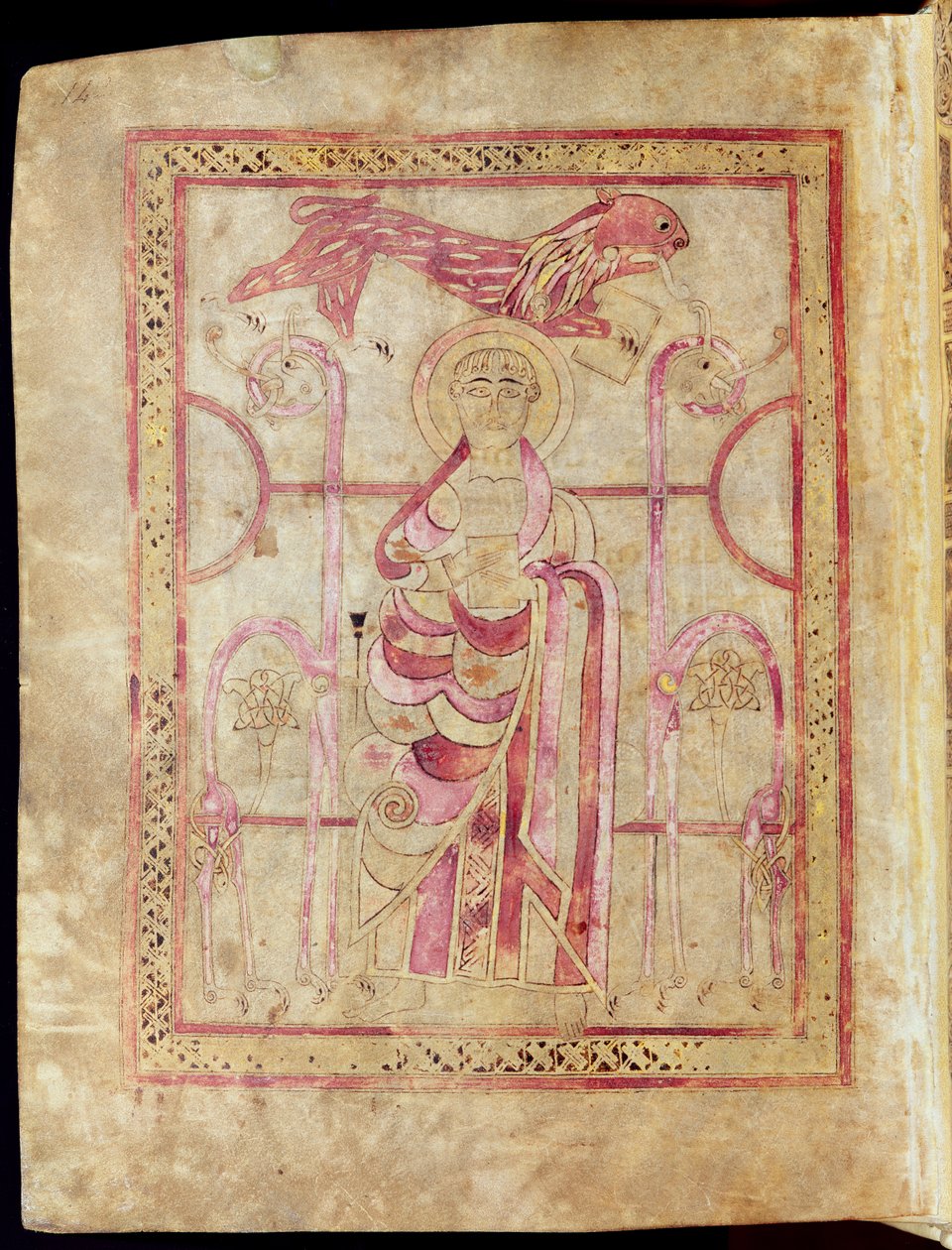St. Markus auf dem Thron mit seinem Löwen, Titelseite zum Markus-Evangelium, aus den Lichfield-Evangelien, ca. 720 von English School
