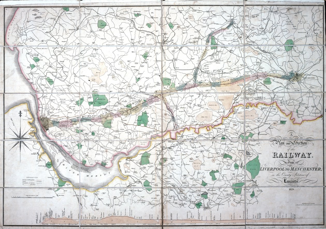 Stephensons Karte der Liverpool & Manchester Railway, ca. 1824-1830 von English School