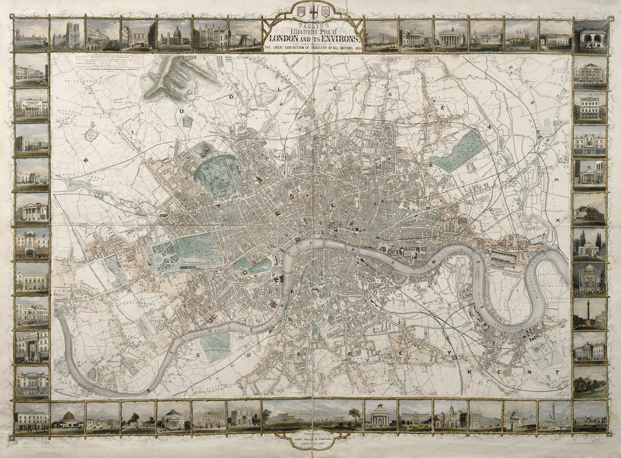 Talliss Illustrierter Plan von London und seiner Umgebung, zur Erinnerung an die Große Ausstellung der Industrie aller Nationen, 1851, veröffentlicht von John Tallis & Co. von English School