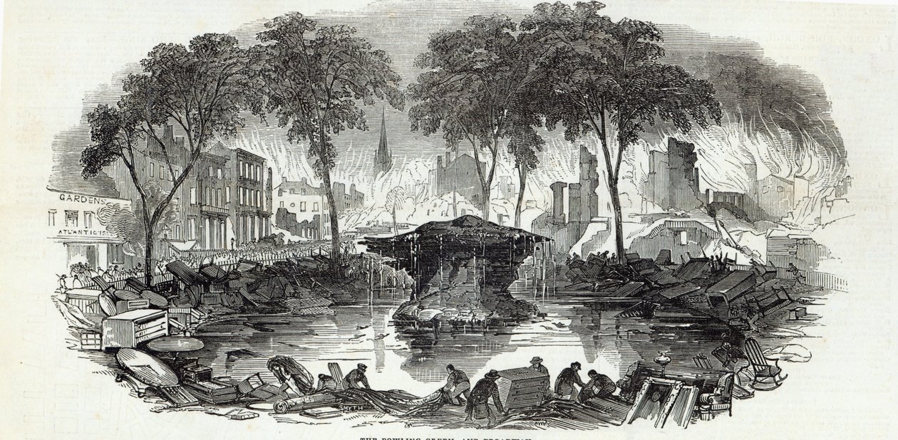 Der Bowling-Green und Broadway, New York, aus The Illustrated London News von English School