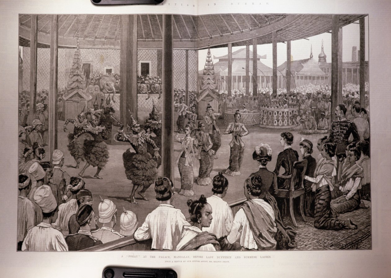 Die Briten in Burma: Ein Pooay im Palast, Mandalay, vor Lady Dufferin und burmesischen Damen, aus 