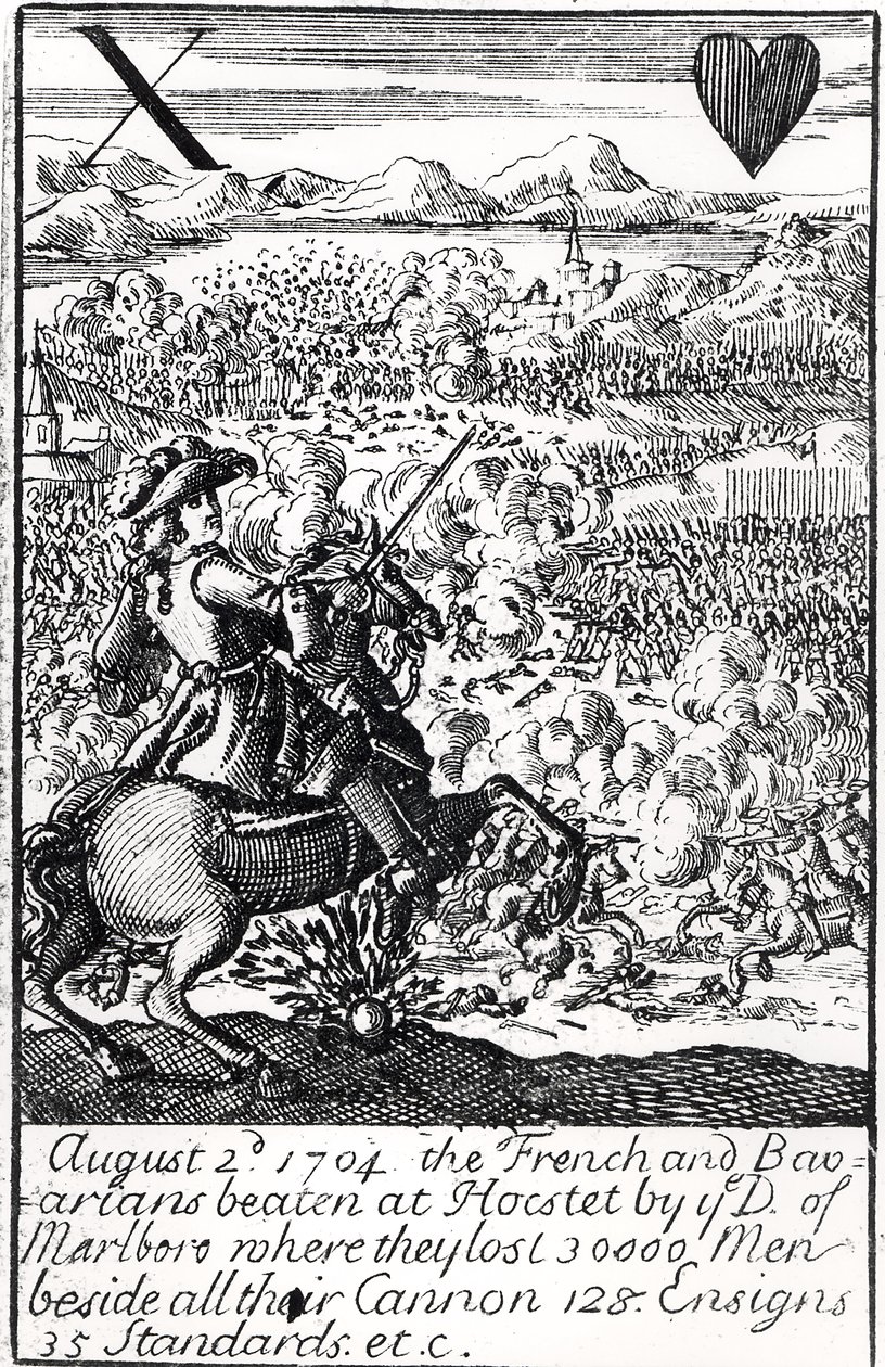 Der Herzog von Marlborough besiegt die Franzosen und Bayern in der Schlacht von Blenheim, 2. August 1704, englische Spielkarte von English School