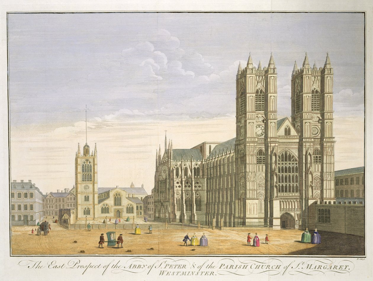 Die Ostansicht der Abtei von St. Peter und der Pfarrkirche von St. Margaret, Westminster, graviert von B. Cole (fl. 1748-75) von English School