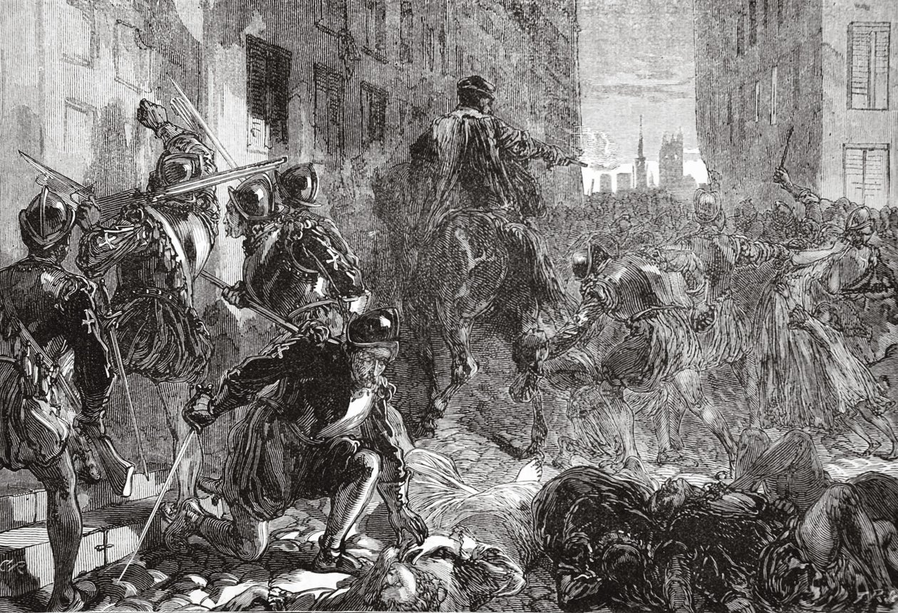 Die Nacht des Massakers von St. Bartholomäus, Illustration aus Die Geschichte des Protestantismus von James Aitken Wylie, veröffentlicht 1878 von English School