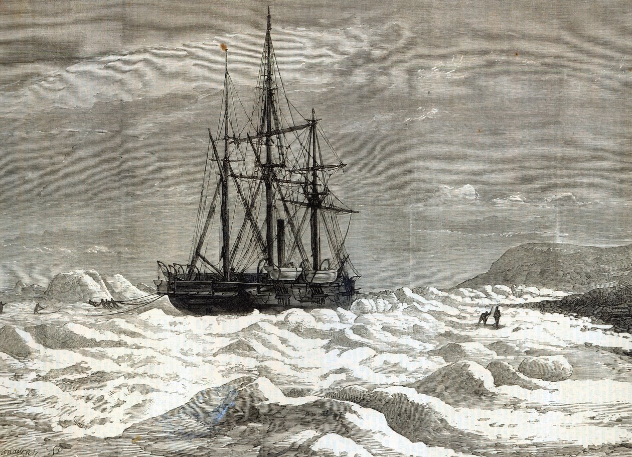 Die Nordpolexpedition: Die Alert wird vom Eis gegen die Küste bei Cape Beechy gedrückt, aus 