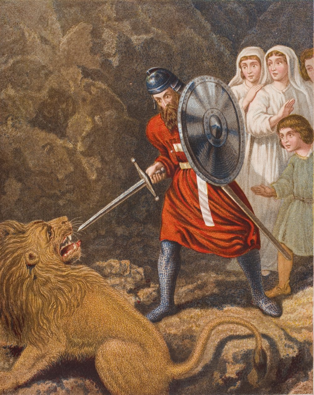 Die Begegnung des Pilgers mit einem Löwen, Illustration aus 