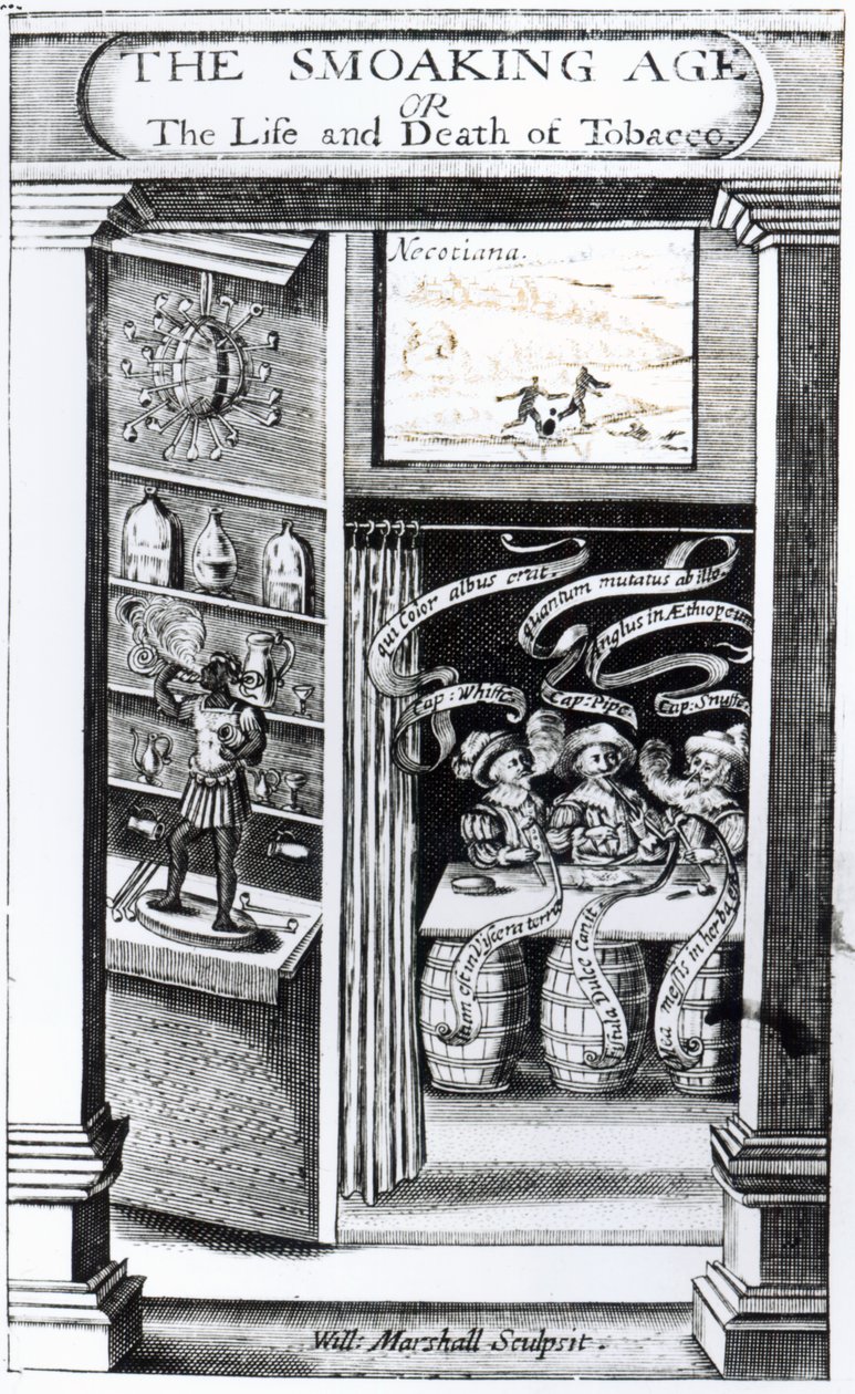 Das Raucherzeitalter oder, Das Leben und der Tod des Tabaks, graviert von William Marshall, 1617 von English School