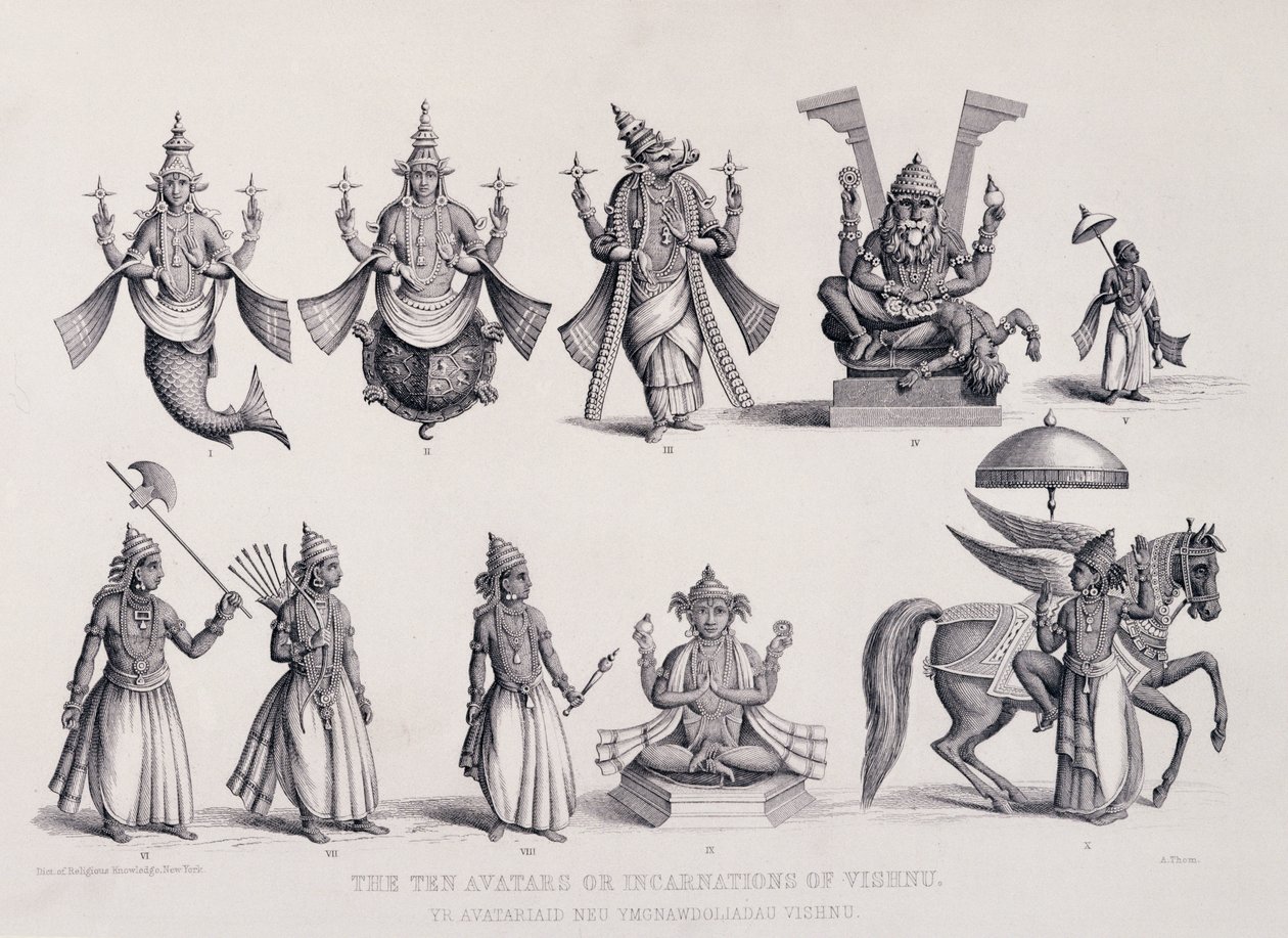 Die zehn Avatare oder Inkarnationen von Vishnu, graviert von A. Thorn, aus 