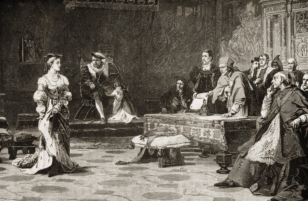 Der erste Prozess von Katharina von Aragon (1485-1536) im Jahr 1529 von English School