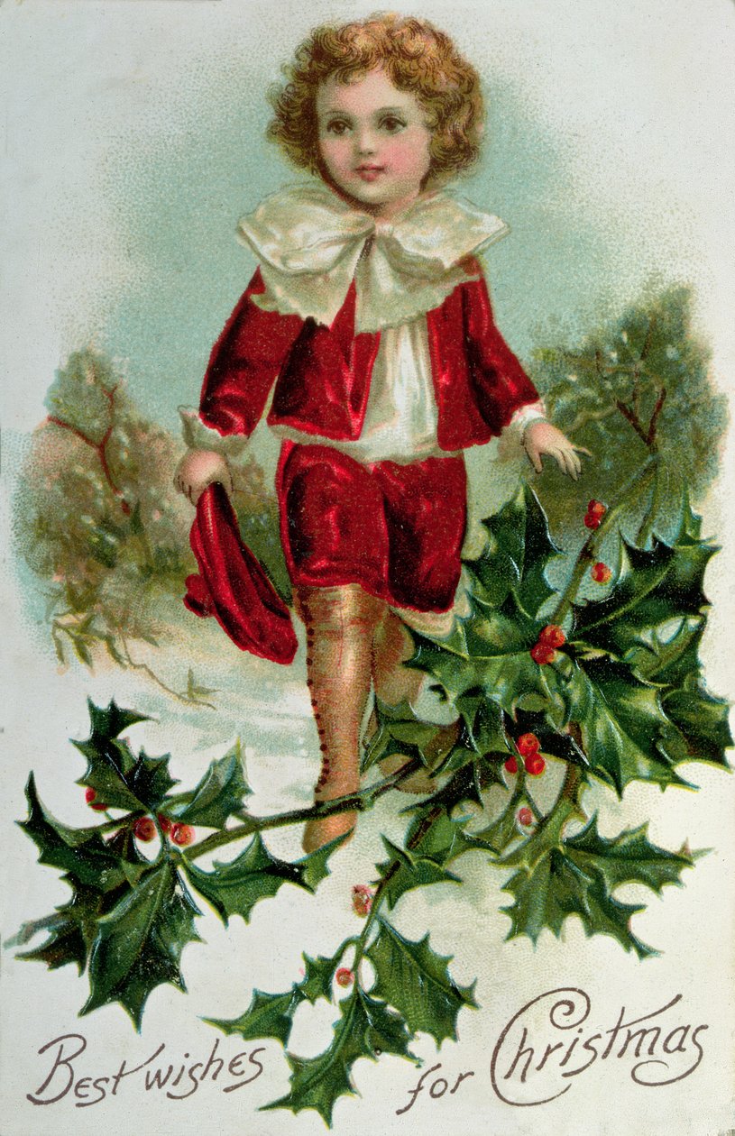 Viktorianische Weihnachtskarte mit einem Jungen in Rot im Schnee von English School
