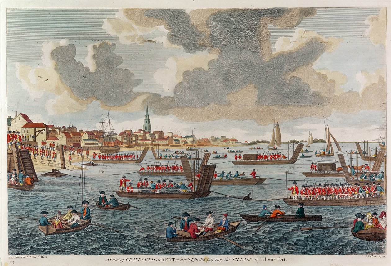 Ansicht von Gravesend mit Truppen, die die Themse zur Tilbury-Festung überqueren von English School