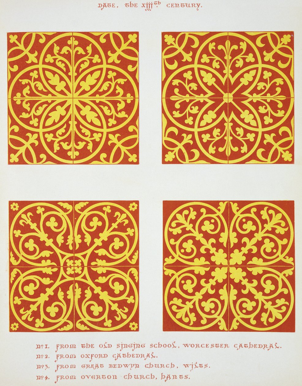 Fliesendesigns aus dem 13. Jahrhundert, Illustration aus Specimens of Tile Pavements, gezeichnet von bestehenden Autoritäten, von Henry Shaw, 1858 von English School