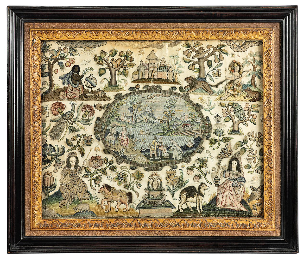 Ein Charles II Stickbild von Afrika und der Neuen Welt, ca. 1660-70 von English School