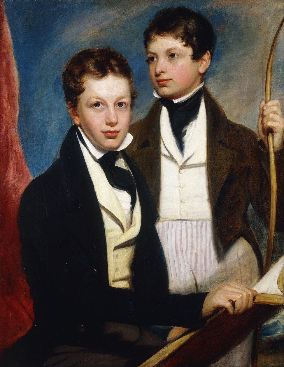 Eine Gruppenporträt der Musgrave Morris Jungen, einer sitzt halblang in einer dunklen Jacke und hält ein Buch, der andere steht dreiviertellang in einer dunklen Jacke und hält einen Bogen, um 1830 von English School