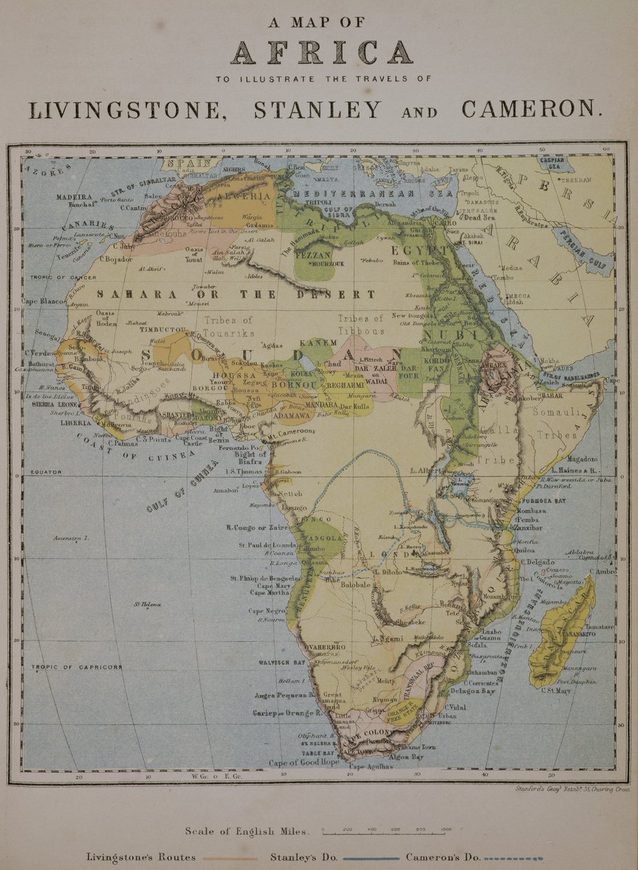 Eine Karte von Afrika zur Veranschaulichung der Reisen von David Livingstone (1813-73), Henry Morton Stanley (1841-1904) und Verney Lovett Cameron (1844-94) von English School