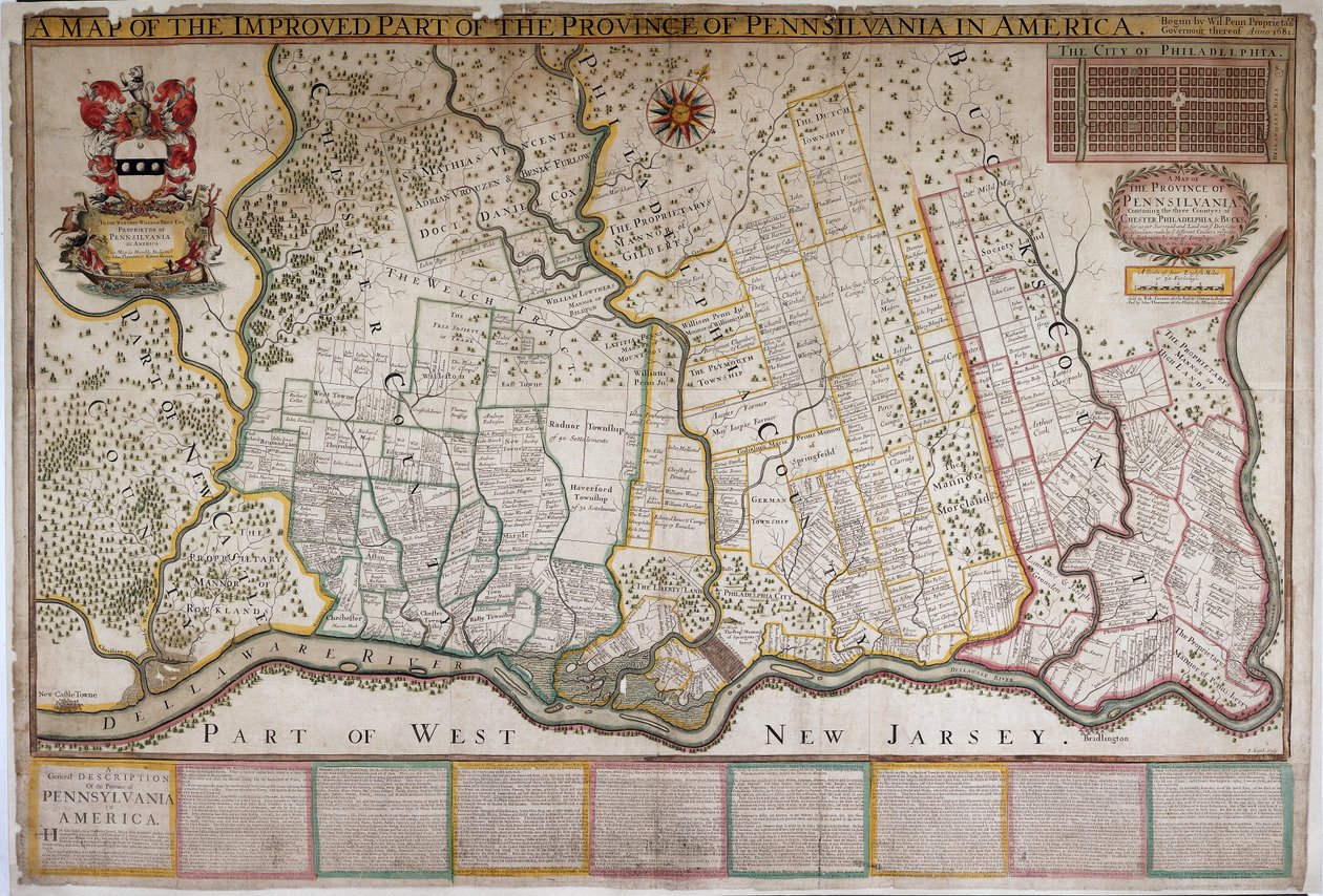Eine Karte des verbesserten Teils der Provinz Pennsylvania in Amerika, von Thomas Holme von English School