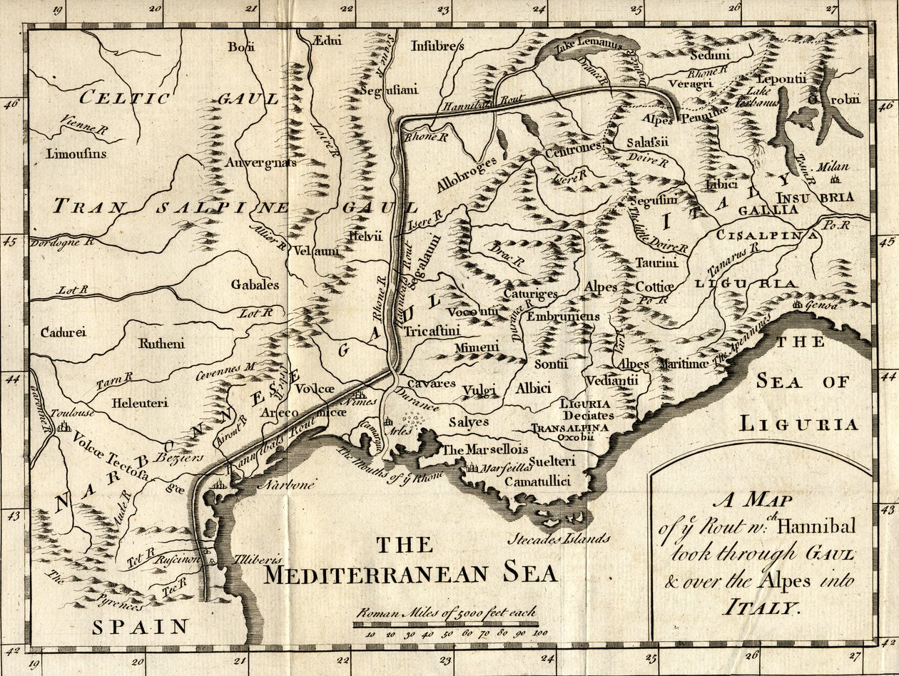 Karte der Route, die Hannibal durch Gallien und über die Alpen nach Italien nahm von English School