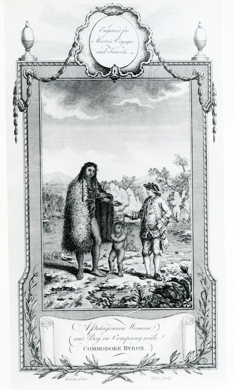 Eine patagonische Frau und ein Junge in Begleitung von Commodore Byron, Illustration aus Moores Reisen und Reisen, 1778 von English School