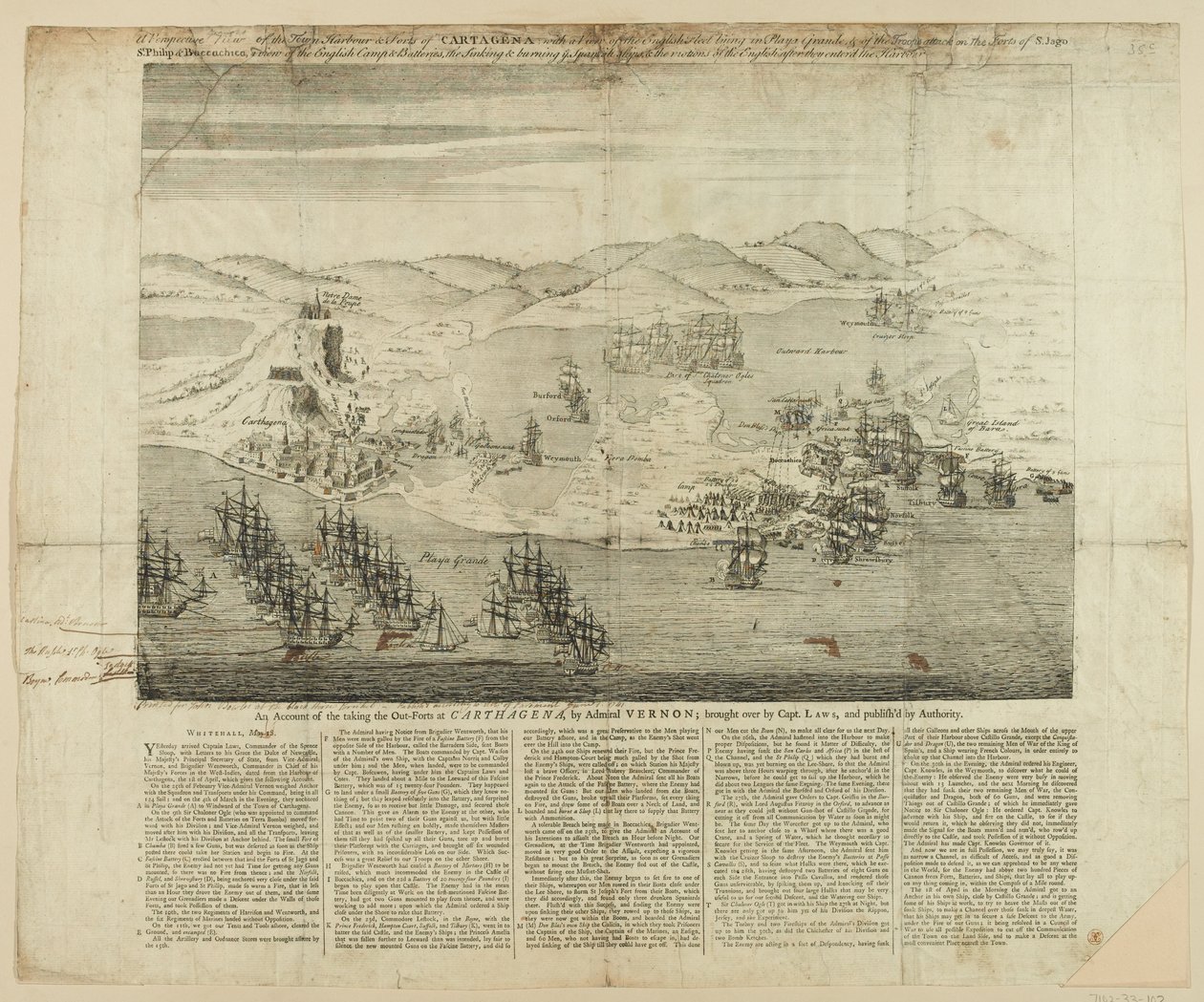 Eine perspektivische Zeichnung der Stadt, des Hafens und der Festungen von Cartagena im Jahr 1739, veröffentlicht 1741 (Kupferstich) von English School