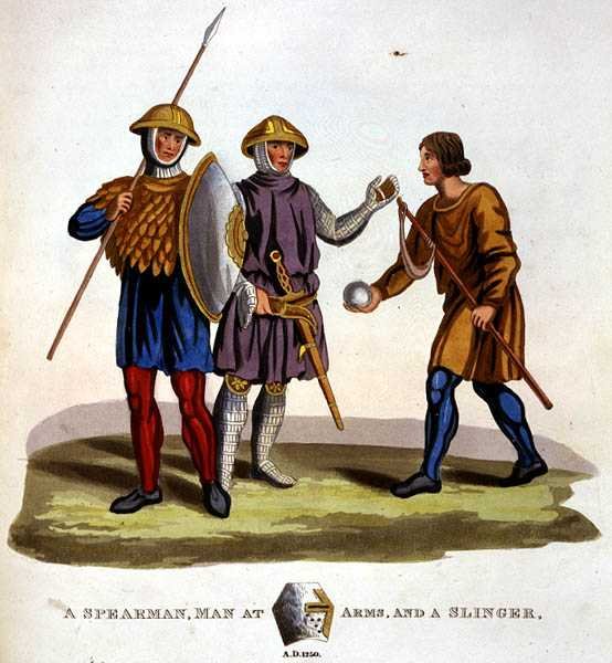 Ein Speerkämpfer, ein Mann in Rüstung und ein Schleuderer von English School