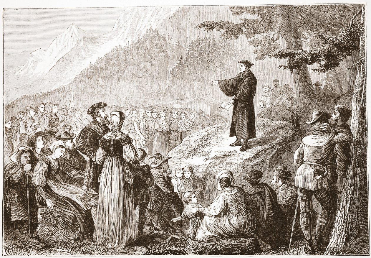 Ein Schweizer Reformator predigt seiner Herde im Freien, Illustration aus Die Geschichte des Protestantismus von James Aitken Wylie, veröffentlicht 1878 von English School