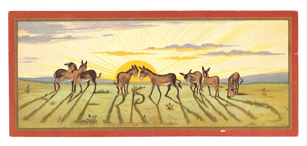 Eine viktorianische Weihnachtskarte mit einem Sonnenuntergang und Eseln, die 