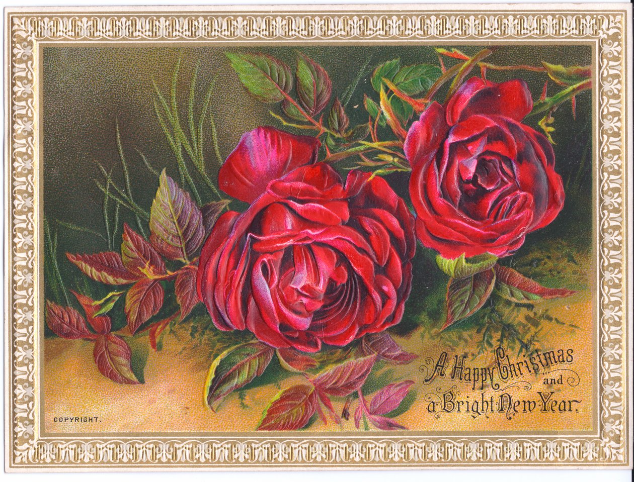 Viktorianische Weihnachts- und Neujahrskarte mit zwei großen roten Rosen, ca. 1880 von English School