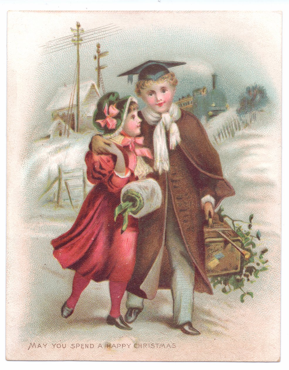 Viktorianische Weihnachtskarte mit einem Jungen, der einen Doktorhut trägt und seinen Arm um ein Mädchen legt, während sie durch den Schnee gehen, ca. 1880 von English School