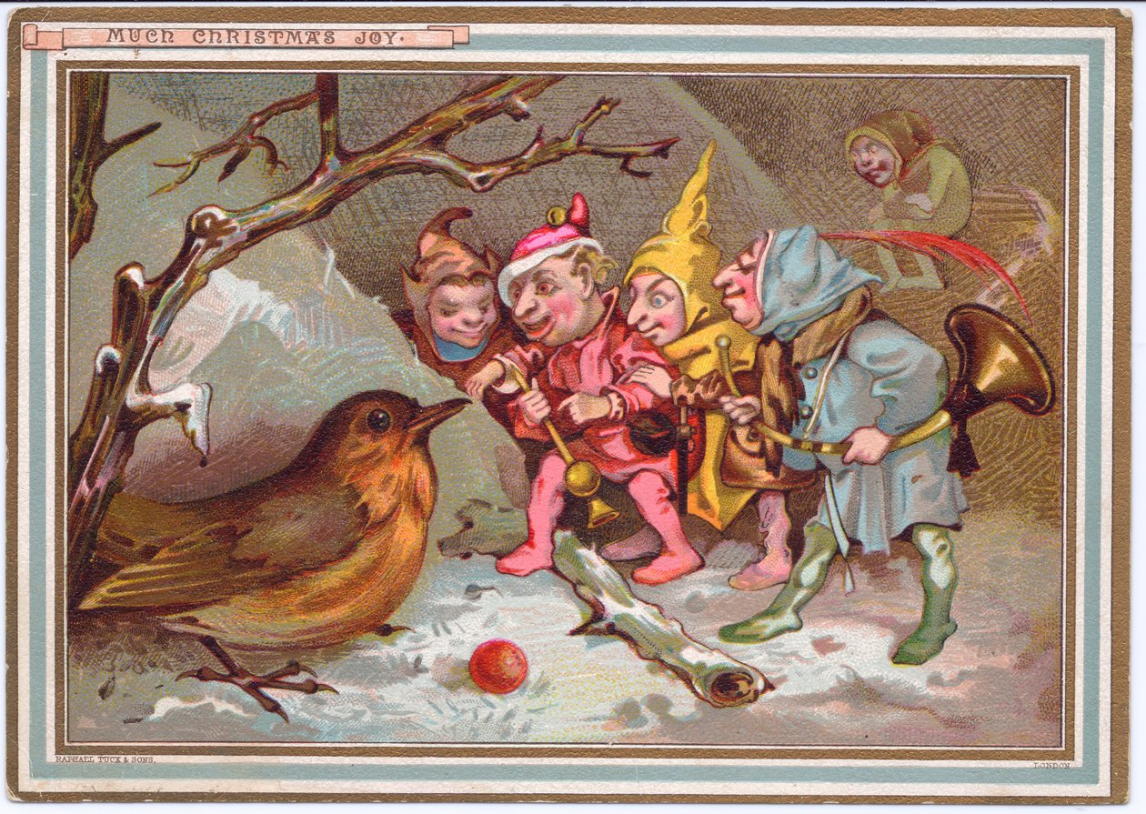 Eine viktorianische Weihnachtskarte mit einer Gruppe von Elfen, die Musikinstrumente tragen und einen verwirrten Rotkehlchen betrachten, ca. 1880 von English School