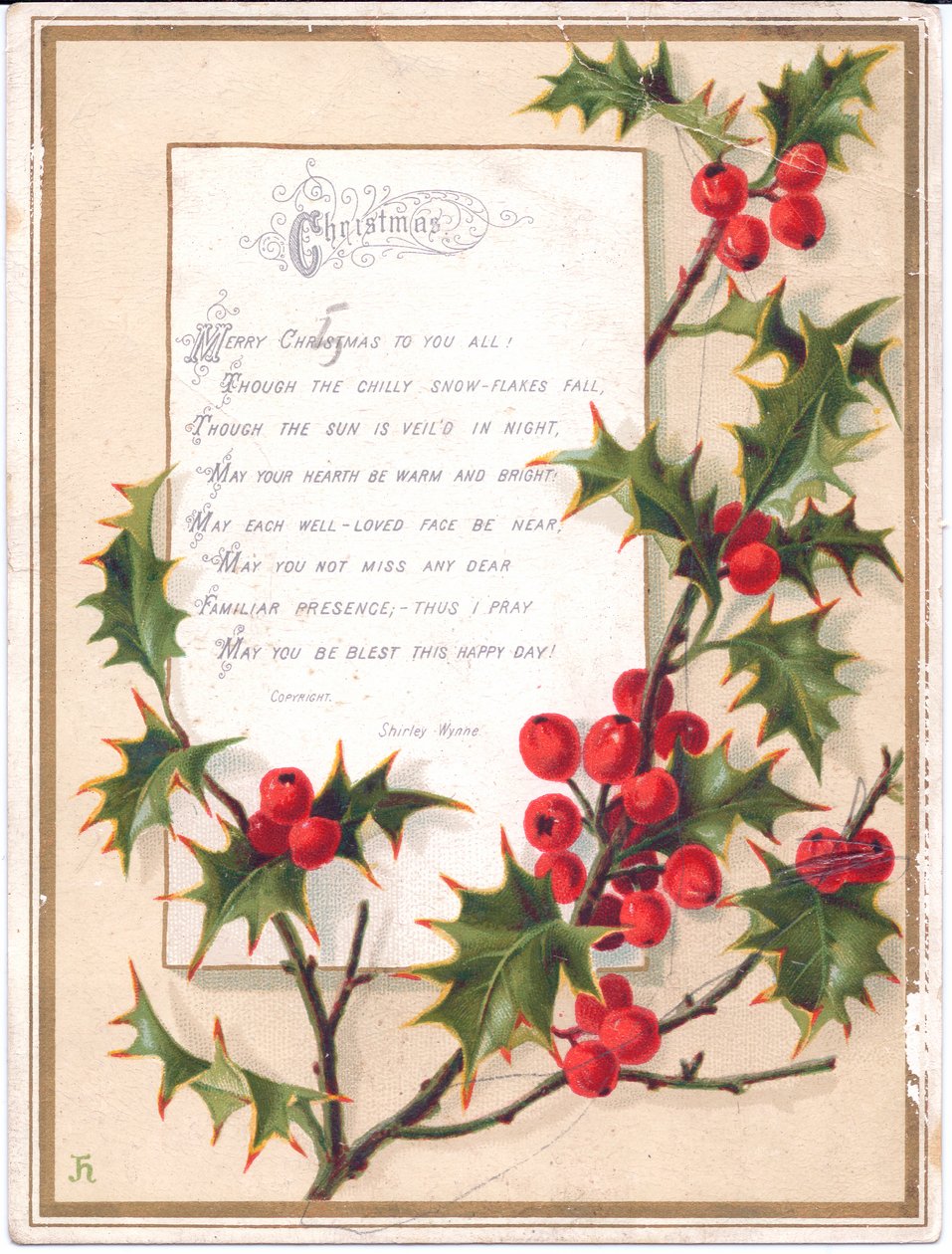 Eine viktorianische Weihnachtskarte mit einem großen Stechpalmenzweig und einem Vers, ca. 1880 von English School