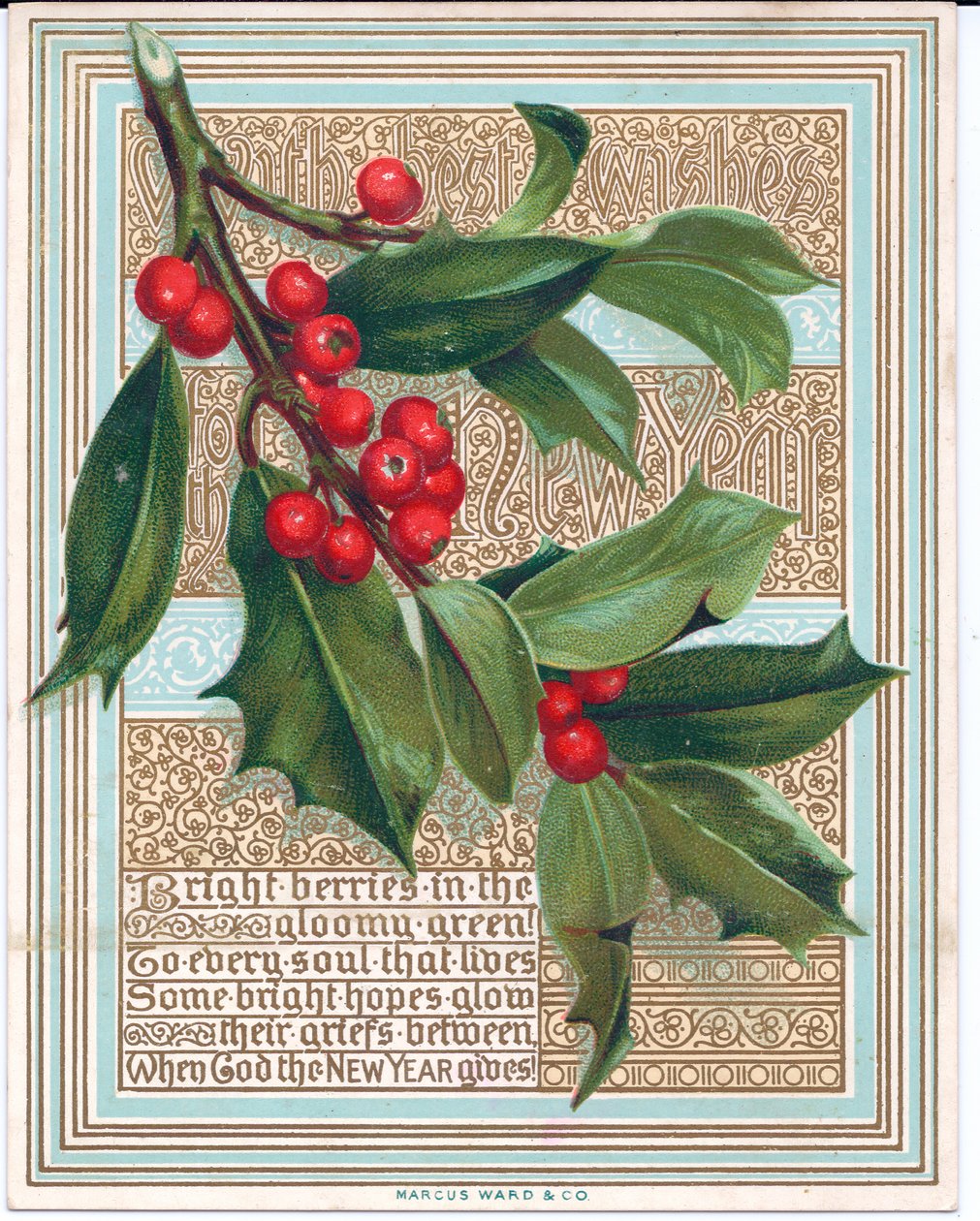 Eine viktorianische Weihnachtskarte mit einem Stechpalmenzweig, der ein Gedicht bedeckt. Veröffentlicht von Marcus Ward, um 1880 von English School