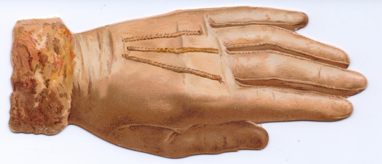 Eine viktorianische Stanzkarte in Form eines mit Pelz besetzten Handschuhs, ca. 1880 von English School