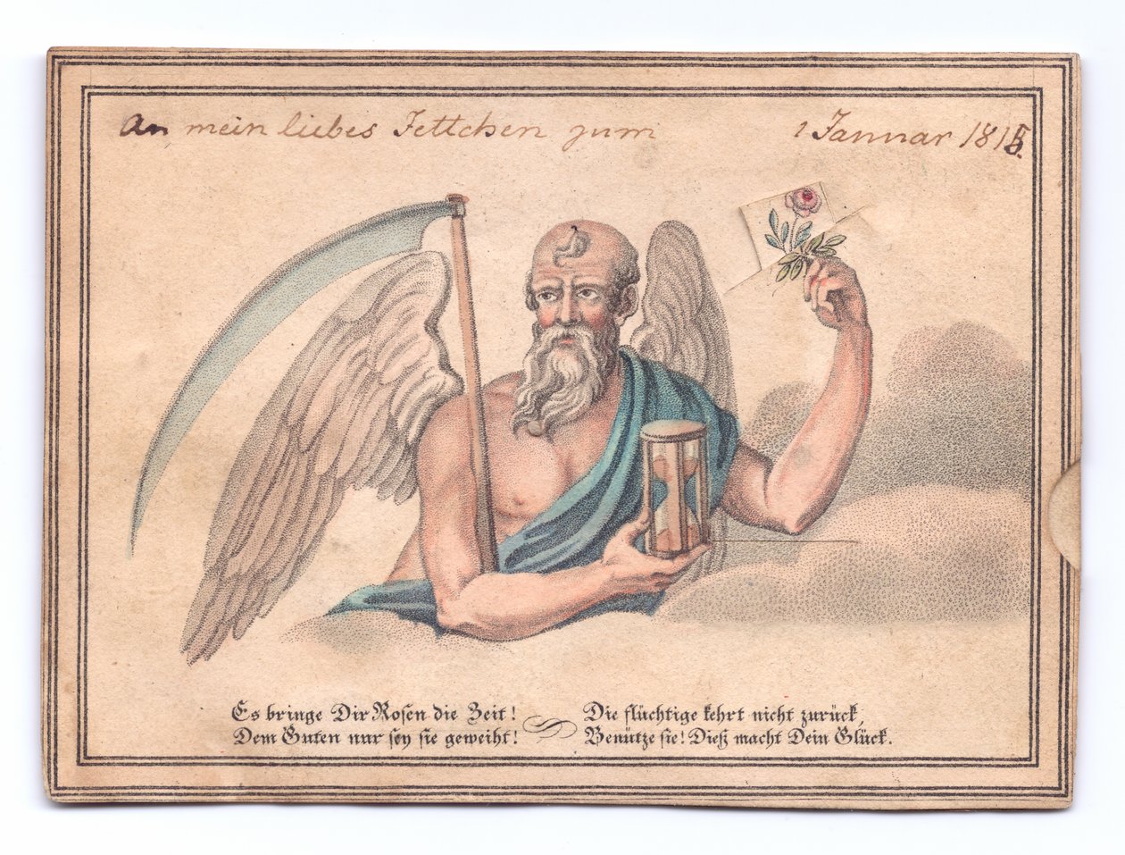Viktorianische Grußkarte des Sensenmanns mit Sense und Sanduhr, der eine Rose hält, um 1815 (Farblitho) von English School