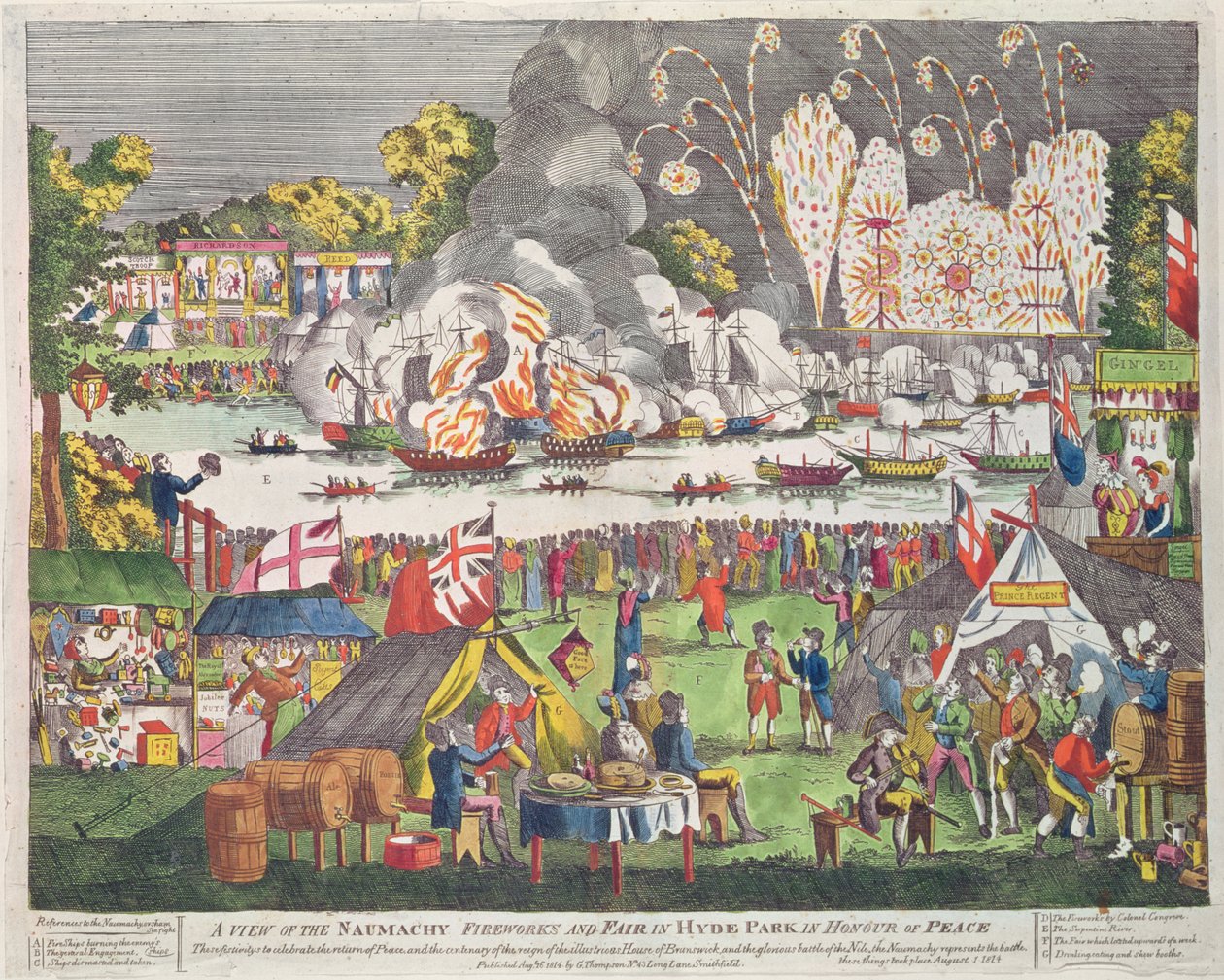 Eine Ansicht der Naumachie, Feuerwerk und Messe im Hyde Park zu Ehren des Friedens, veröffentlicht von G. Thompson, 1814 von English School
