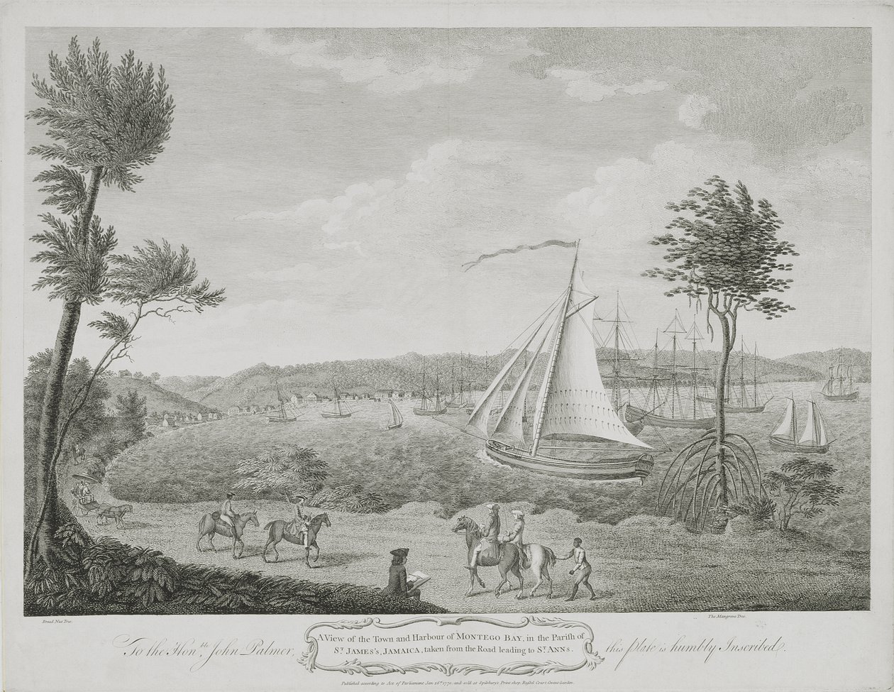 Ansicht der Stadt und des Hafens von Montego Bay, in der Pfarrei St. James, Jamaika, von der Straße nach St. Ann