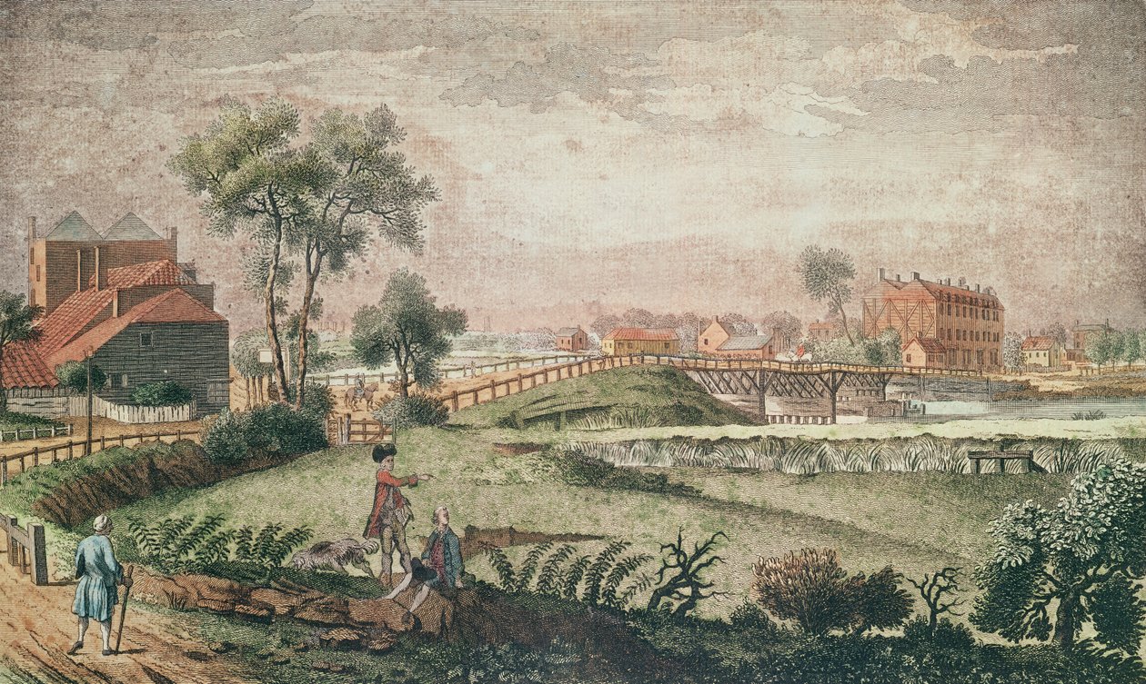 Westansicht der Chelsea Bridge, 1761 von English School
