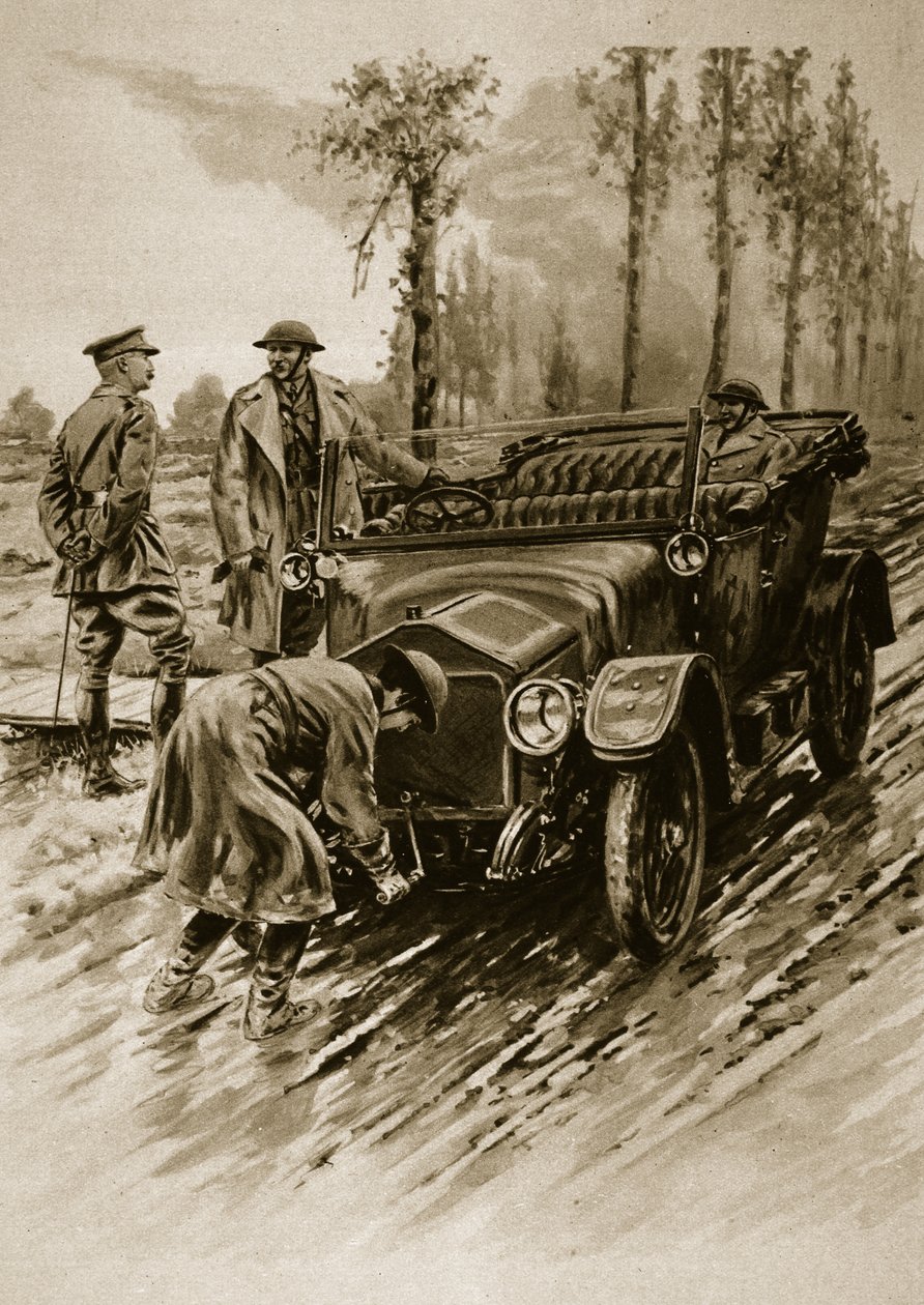 Ein Chauffeur des Frauenhilfskorps der Armee startet den Motor eines Offizierswagens, 1914-19 von English School