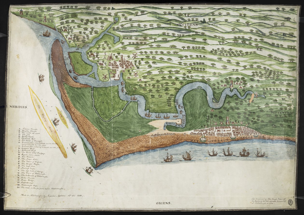 Kolorierte Faksimile-Kopie einer Vogelperspektive oder Karte der Küste von Suffolk von Alderton bis Aldborough, einschließlich Orford Ness von English School