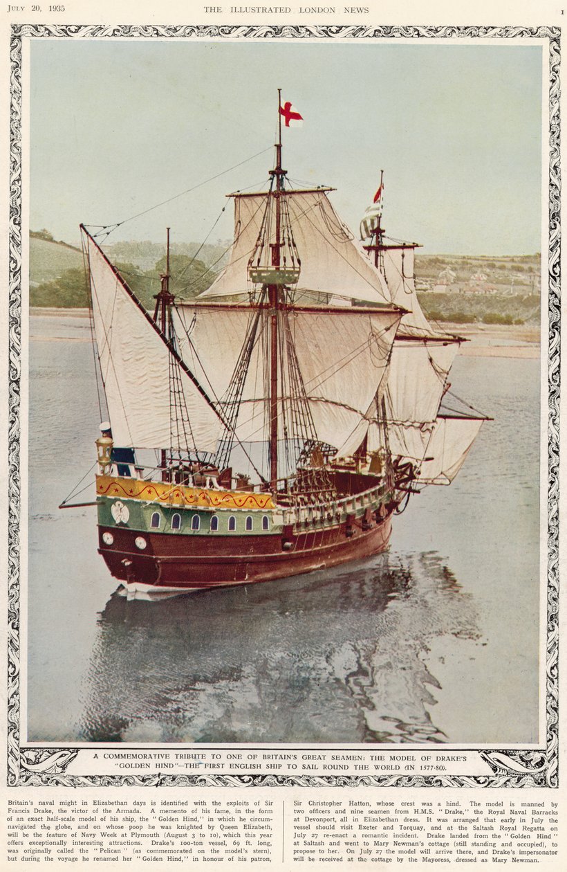 Ein Gedenktribut an einen der großen Seefahrer Britanniens: das Modell von Drakes Golden Hind, das erste englische Schiff, das die Welt umrundete, 1577-80, aus The Illustrated London News Royal Naval and Military Review von English School