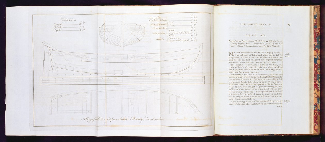 Eine Kopie des Entwurfs, aus dem The Bountys Launch gebaut wurde, aus A Voyage to the South Sea, von William Bligh (1754-1817), graviert von Mackenzie, veröffentlicht 1792 von English School