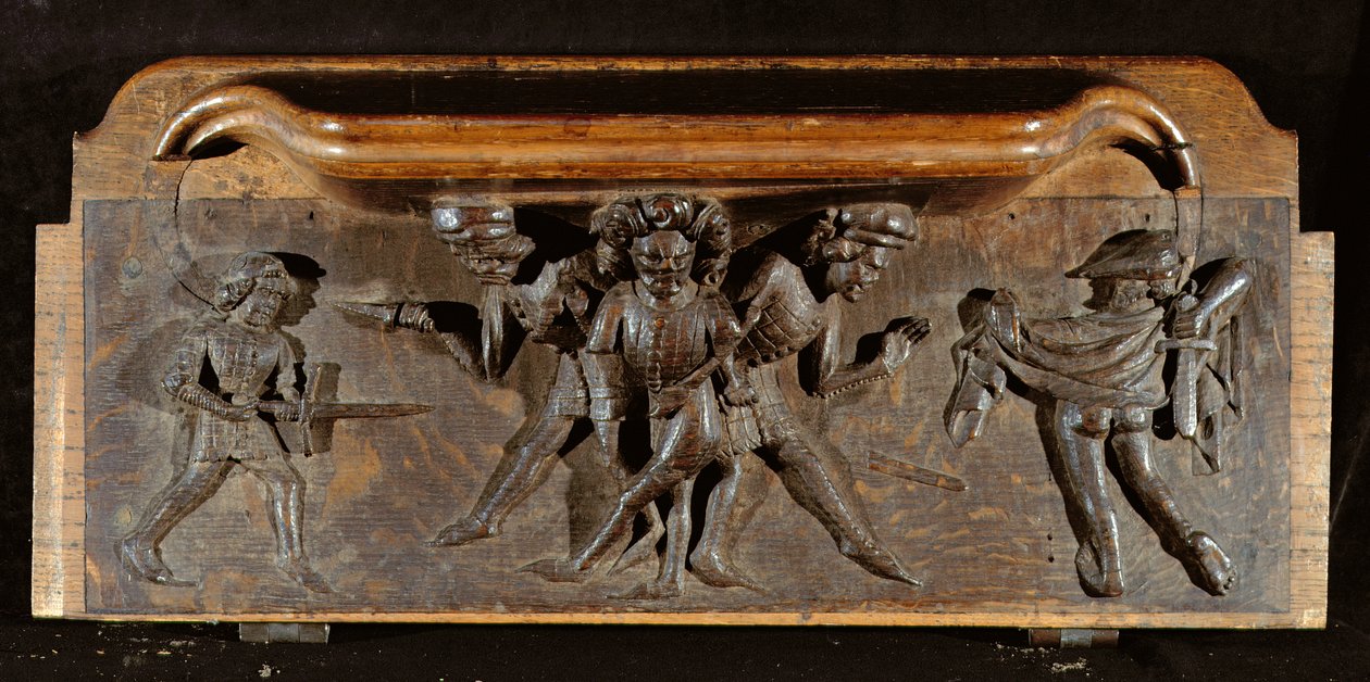 Eine beschädigte Miserikordie, die drei Männer zeigt, die mit Dolchen und Schwertern kämpfen, New College Chapel, Oxford, spätes 14. Jahrhundert von English School