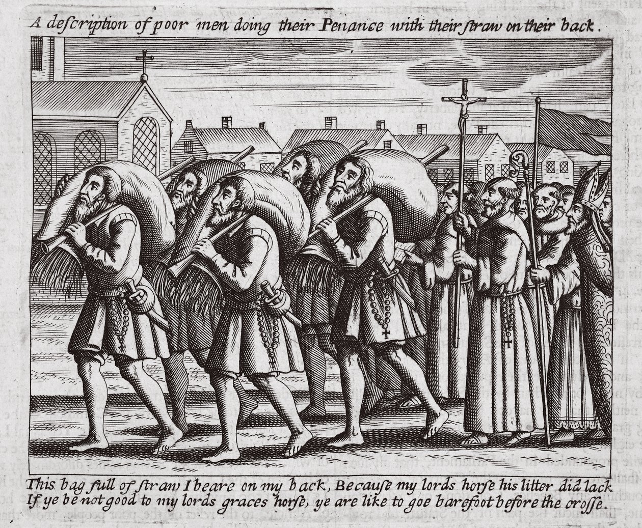 Eine Beschreibung armer Männer, die ihre Buße mit Stroh auf dem Rücken tun, Illustration aus Acts and Monuments von John Foxe, neunte Ausgabe, veröffentlicht 1684 von English School