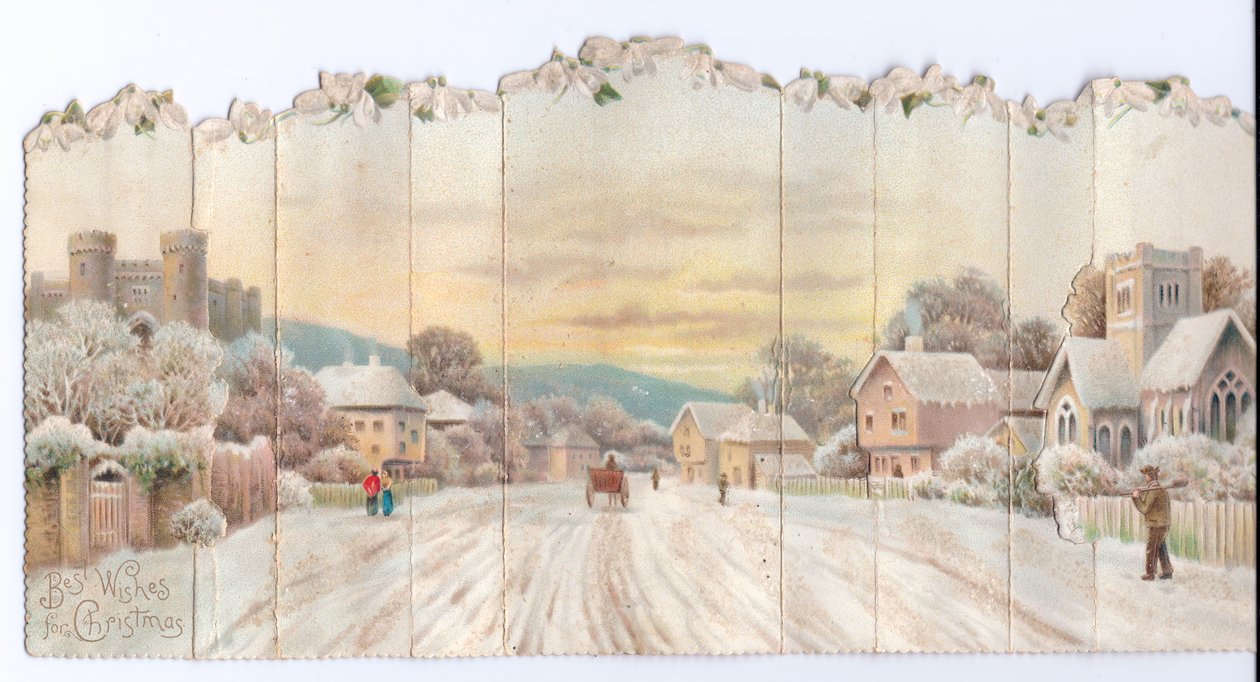 Faltbare viktorianische Weihnachtskarte eines Schlosses und einer Kirche und eines Mannes, der im Schnee eine Schaufel trägt, ca. 1880 von English School