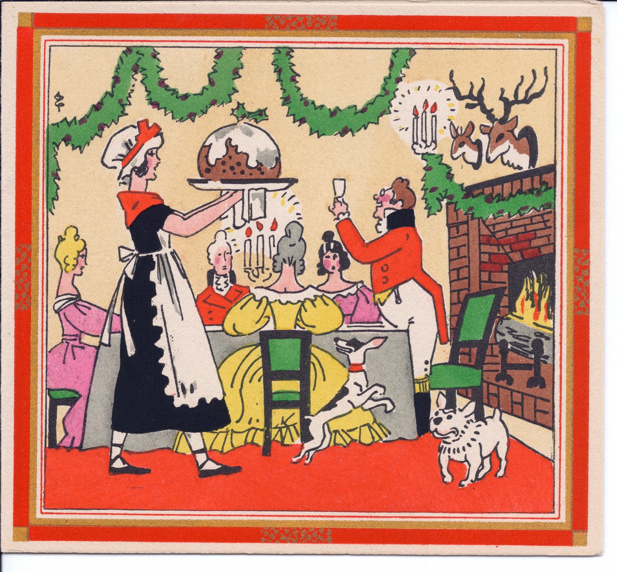Handkolorierte französische Pochoir-Weihnachtskarte einer Magd, die einen Weihnachtskuchen serviert, ca. 1920 von English School